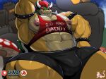  2022 abs anthro armband barazoku biceps big_bulge big_muscles bodily_fluids bottomwear bowser bracelet building bulge castle clothed clothing collar crop_top daddy_kink dated english_text eyebrows fungus hair hand_behind_head hi_res horn huge_muscles huge_thighs jewelry koopa male mario_bros masterelrest muscular muscular_anthro muscular_male mushroom navel nintendo nipples non-mammal_nipples obliques outside patreon pecs scalie serratus shell shirt shorts sitting smile solo spiked_armband spiked_bracelet spiked_collar spiked_shell spikes spikes_(anatomy) sweat tank_top text text_on_clothing text_on_shirt text_on_tank_top text_on_topwear thick_thighs tight_clothing topwear url watermark 