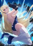  1girl absurdres ass blonde_hair blue_archive blue_eyes blue_leotard braid breasts earpiece explosion french_braid highres jumping kento_(kentdrawing) leotard long_hair looking_at_viewer looking_back mechanical_arms official_alternate_costume playboy_bunny single_mechanical_arm small_breasts solo strapless strapless_leotard thighhighs toki_(blue_archive) toki_(bunny)_(blue_archive) very_long_hair white_thighhighs 