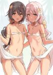  2girls armlet ata_(tsumari) bikini black_hair bow breasts brown_eyes choker collarbone flat_chest hair_between_eyes hair_bow hair_ornament highres long_hair looking_at_viewer multiple_girls navel o-ring o-ring_bikini original pink_eyes pink_hair small_breasts smile standing swimsuit thighs white_bikini yellow_bow yellow_choker 