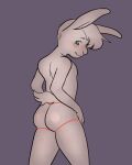  4:5 ambiguous_gender anthro blush blush_lines clothing green_eyes lagomorph leporid looking_at_viewer looking_back mammal mazmaven nude presenting rabbit red_clothing shy smile solo tan_body underwear 