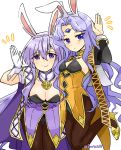  2girls alternate_costume animal_ears arm_up bent_over blue_eyes breasts circlet cleavage deadpan fake_animal_ears fire_emblem fire_emblem:_genealogy_of_the_holy_war fire_emblem:_thracia_776 jewelry julia_(fire_emblem) large_breasts leotard long_hair looking_at_viewer multiple_girls pantyhose playboy_bunny purple_eyes purple_hair sara_(fire_emblem) simple_background small_breasts smile thigh_gap waving yukia_(firstaid0) 
