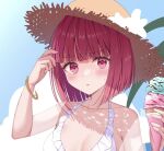  1girl arima_kana bare_shoulders bikini blue_sky blunt_bangs blunt_ends blush breasts cleavage close-up cloud collarbone commentary day double_scoop flower food frilled_bikini frills furrowed_brow hair_strand hands_up hat hat_flower ice_cream ice_cream_cone izumo_neru looking_at_viewer original oshi_no_ko outdoors palm_tree parted_lips portrait red_eyes red_hair scratching_head short_hair sky solo straw_hat sun_hat swimsuit tree white_bikini white_flower 
