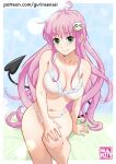  1girl ahoge bra breasts closed_mouth demon_tail green_eyes gurinsensei lala_satalin_deviluke large_breasts long_hair looking_at_viewer navel panties pink_bra pink_hair pink_panties sitting smile solo tail to_love-ru underwear web_address 