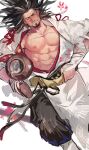  1boy abs alcohol bara bare_pectorals blush cup facial_hair from_above goatee highres japanese_clothes kimono knee_up kuroshima_kurishiro_(muyi24108414) large_pectorals long_hair looking_at_viewer lying male_focus mature_male multicolored_hair muscular muscular_male mustache_stubble navel nipples on_back one_eye_closed open_clothes open_kimono original pectorals petals sakazuki sake scar scar_on_chest seductive_smile smile solo stomach streaked_hair strongman_waist thick_eyebrows tokkuri unfinished white_kimono 