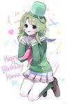  100_(hundredwell) 1girl :d absurdres blouse brown_footwear bucket bucket_on_head double_horizontal_stripe full_body green_eyes green_serafuku green_socks hands_up happy_birthday heart highres kimi_ga_shine kizuchi_kanna kneehighs korean_commentary light_green_hair loafers long_hair long_sleeves looking_at_viewer miniskirt neckerchief object_on_head open_mouth pale_skin pink_neckerchief pleated_skirt sailor_collar school_uniform serafuku shirt shoes short_hair_with_long_locks sidelocks skirt sleeves_past_wrists smile socks solo star_(symbol) white_sailor_collar white_skirt 