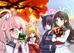  4girls after-school_sweets_club_(blue_archive) ahoge airi_(blue_archive) animal_ears autumn autumn_leaves black_hair black_jacket black_sailor_collar blonde_hair blue_archive brown_hair cat_ears closed_mouth colored_inner_hair food green_eyes green_halo halo hands_in_pocket highres hood hooded_jacket jacket kazusa_(blue_archive) leaf long_hair long_sleeves maple_leaf movcat multicolored_hair multiple_girls natsu_(blue_archive) outdoors pink_hair pink_halo pleated_skirt pocky pocky_day red_eyes red_jacket sailor_collar school_uniform serafuku short_hair side_ponytail skirt smile twintails white_skirt yellow_eyes yellow_halo yoshimi_(blue_archive) 