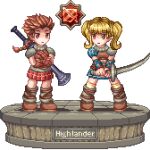  1boy 1girl armor belt blonde_hair breastplate faux_figurine highlander_(tree_of_savior) kilt leg_wrap long_hair midriff pixel_art ponytail shoulder_armor simple_background skirt sword toshi6786 tree_of_savior twintails two-handed_sword weapon white_background 