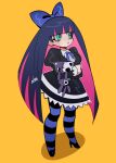  1girl adri_(octoooo) black_dress black_thighhighs blue_ribbon blue_thighhighs blunt_bangs bow breasts colored_inner_hair dress full_body green_eyes hair_bow highres holding holding_stuffed_toy large_bow long_hair multicolored_hair neck_ribbon open_mouth panty_&amp;_stocking_with_garterbelt pink_hair purple_hair ribbon solo standing stocking_(psg) striped striped_thighhighs stuffed_animal stuffed_cat stuffed_toy thighhighs two-tone_hair 