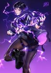  1girl absurdres ass black_footwear colored_tips electricity highres hood hooded_jacket jacket juaag_acgy multicolored_clothes multicolored_hair multicolored_jacket pantyhose purple_eyes purple_hair purple_jacket reina_(tekken) tekken tekken_8 two-tone_jacket 