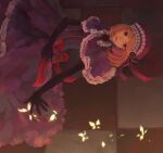  1girl black_gloves blonde_hair bow bowtie capelet commentary dress dress_bow elbow_gloves eva_beatrice feet_out_of_frame flower flower_brooch frilled_bowtie frilled_capelet frills gloves highres kanon_(rsl) lolita_fashion looking_at_viewer medium_bangs medium_hair parted_lips purple_capelet purple_dress purple_eyes red_bow red_flower red_rose ribbon-trimmed_capelet rose sideways solo umineko_no_naku_koro_ni white_bow white_bowtie 