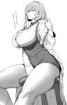  1girl absurdres breasts coat from_side gloves gridman_universe highres hotate-chan large_breasts long_sleeves looking_at_viewer monochrome mouth_hold mujina parted_lips short_hair sideways_glance sitting solo ssss.dynazenon thick_thighs thighs translation_request 