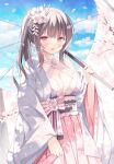  1girl :d blush bow bra branch breasts cherry_blossoms cleavage flower grey_hair hair_flower hair_ornament holding holding_umbrella hoshino_koucha japanese_clothes kimono light_blush lingerie long_hair long_sleeves looking_at_viewer medium_breasts obi open_clothes open_kimono open_mouth original outdoors petals pink_flower pink_skirt ponytail red_eyes sash sidelocks skirt skirt_hold smile solo tree umbrella underwear wide_sleeves 