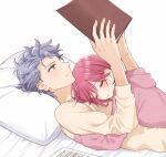  1boy 1girl artist_name bed_sheet blue_hoodie book closed_eyes couple cuddling dated grey_hair hetero holding holding_book hood hood_down hoodie hug krudears light_blush long_sleeves on_bed pillow pink_hair protagonist_(tokimemo_gs3) red_eyes sheet_music shitara_seiji short_hair smile sweater swept_bangs tokimeki_memorial tokimeki_memorial_girl&#039;s_side_3rd_story white_background yellow_sweater 