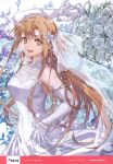  1girl absurdres armpits asuna_(sao) bare_shoulders bouquet bridal_veil bride brown_eyes brown_hair bunbun dress elbow_gloves flower gloves highres long_hair looking_at_viewer open_mouth rose skirt strapless strapless_dress sword_art_online veil wedding_dress white_dress white_flower white_gloves white_rose white_skirt 