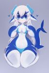  &lt;3 2023 absurd_res accessory anthro bikini blue_bikini blue_body blue_clothing blue_eyes blue_horn blue_scales blue_swimwear breasts cleavage clothed clothing curled_horn female fish hair hair_accessory hairclip hi_res horn kneeling looking_at_viewer marine paw_pose pose scales shark soda_(soda_uyu) soda_uyu solo swimwear thigh_high_stockings white_hair wide_hips 