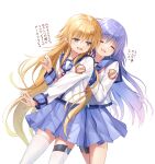  2girls angel_beats! blonde_hair blue_eyes closed_eyes irie_miyuki long_hair multiple_girls na-ga purple_eyes purple_hair school_uniform sekine_shiori serafuku shinda_sekai_sensen_uniform skirt smile 