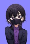  1girl absurdres black-framed_eyewear black_hair black_jacket blue_background collared_shirt dress_shirt glasses hair_between_eyes highres ivan_wang jacket looking_at_viewer mask mouth_mask open_clothes open_jacket original purple_eyes purple_shirt shirt simple_background solo 