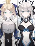 2girls armor artoria_caster_(third_ascension)_(fate) black_bow black_dress blonde_hair blue_bow blue_eyes bow breastplate collar crown double-parted_bangs dress facial_mark fate/grand_order fate_(series) forehead_mark fur_collar green_eyes grey_hair hair_between_eyes hair_bow highres looking_at_viewer mati5572 morgan_le_fay_(fate) multiple_girls parted_bangs pubic_tattoo sidelocks spiked_collar spikes tattoo white_background white_dress 