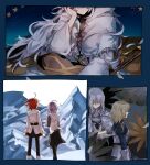  2boys 3girls ahoge armor armored_dress artoria_pendragon_(fate) bedivere_(fate) blonde_hair chaldea_uniform fate/grand_order fate_(series) fujimaru_ritsuka_(female) hair_between_eyes highres holding holding_staff hood hooded_robe jacket juliet_sleeves long_hair long_sleeves mash_kyrielight merlin_(fate) multiple_boys multiple_girls open_clothes open_jacket orange_hair profile puffy_sleeves purple_hair robe smile staff syusyaku very_long_hair white_hair white_jacket white_robe 