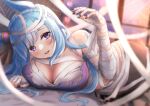  1girl absurdres animal_ears bandaged_arm bandaged_leg bandages blue_hair blurry blurry_background blush braid breasts cleavage commentary_request cosplay crown_braid ear_ornament halloween highres horse_ears horse_girl large_breasts lens_flare light_blue_hair long_hair mejiro_ardan_(umamusume) multicolored_nails mummy nail_polish parted_lips purple_eyes smile solo super_creek_(chiffon_ribbon_mummy)_(umamusume) super_creek_(umamusume) super_creek_(umamusume)_(cosplay) taku_(312nismo1) umamusume 