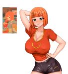  1girl absurdres alternate_breast_size arm_behind_head black_shorts blunt_bangs bob_cut breasts bright_pupils cleavage collarbone covered_nipples english_commentary hand_on_own_hip highres huge_breasts looking_at_viewer mature_female mcdonald&#039;s midriff_peek mother_(yoru_mac) orange_hair parted_lips pzpana red_shirt reference_inset shirt short_hair short_shorts short_sleeves shorts smile solo white_background yoru_mac 