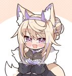  1girl :d animal_ears bags_under_eyes bare_shoulders black_jacket blonde_hair blush_stickers braid breasts chibi cleavage commentary dog_ears dog_girl dog_tail dress english_commentary fake_horns fangs french_braid fur-trimmed_jacket fur_trim hair_bun hairband half_updo halter_dress halterneck highres hololive horns jacket kukie-nyan large_breasts light_brown_hair mama_puppy_(fuwamoco) mature_female multicolored_hair off_shoulder open_mouth purple_eyes purple_hair purple_hairband see-through see-through_cleavage single_hair_bun smile solo streaked_hair tail upper_body v_arms white_dress 