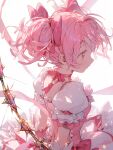  1girl ai-generated bow commentary commentary_request dress hair_bow highres holding holding_weapon kaname_madoka mahou_shoujo_madoka_magica pink_dress pink_eyes pink_hair solo tarte_(hodarake) weapon white_background 