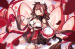  :p bare_legs bare_shoulders brown_eyes brown_hair cake chinese_clothes chinese_commentary food fork fruit highres holding holding_cake holding_food holding_fork honkai_(series) honkai_impact_3rd kneeling li_sushang li_sushang_(jade_knight) long_hair looking_at_viewer official_alternate_costume rabbit red_headwear strawberry tongue tongue_out very_long_hair yichensang 