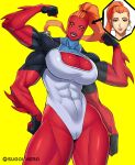  alien alien_humanoid ben_10 blue_clothing blue_swimwear cartoon_network clothing female gwen_tennyson hi_res humanoid male muscular muscular_female red_body red_skin simple_background solo swimwear tetramand unknown_artist yellow_background 