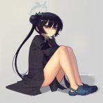 1girl bangs black_dress black_gloves black_hair blue_archive blush boa_(brianoa) braid braided_bun breasts butterfly_hair_ornament china_dress chinese_clothes coat crocs double_bun dragon_print dress gloves grey_coat grey_eyes hair_bun hair_ornament half_gloves halo highres kisaki_(blue_archive) legs long_hair long_sleeves pelvic_curtain pinstripe_pattern short_dress side_slit sitting small_breasts solo striped twintails vertical-striped_coat 