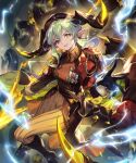  1girl beret boots breasts brown_jacket clenched_hand demon_girl demon_horns demon_wings foot_out_of_frame gloves green_hair hair_between_eyes hat high_heels highres holding holding_polearm holding_weapon horns jacket lee_hyeseung lightning long_sleeves medal medium_breasts military_jacket military_uniform official_art open_hand pants pointy_ears polearm romelia_(shadowverse) shadowverse short_hair smile solo spear teeth uniform weapon wing_collar wings yellow_eyes 