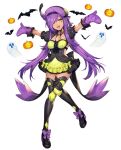 1girl :d arms_up back_bow bat_(animal) beret bow dark-skinned_female dark_skin dress dress_bow fang ghost gourgeist green_bow green_eyes hat jack-o&#039;-lantern katagiri_hachigou long_hair mittens necktie open_mouth personification pokemon puffy_short_sleeves puffy_sleeves purple_bow purple_hair purple_mittens shiny_clothes short_dress short_sleeves simple_background smile solo swept_bangs thighhighs very_long_hair white_background yellow_necktie 