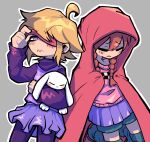  2girls @_@ ahoge angry arm_up blanket blindfold blindfold_lift blonde_hair blush blush_stickers braid brown_hair closed_eyes closed_mouth commentary covering_with_blanket cowboy_shot frown grey_background hair_between_eyes highres holding holding_blanket hug kneeling long_hair long_sleeves medium_hair multiple_girls one_eye_covered open_mouth outline pantyhose pink_sweater pleated_skirt puffy_long_sleeves puffy_sleeves purple_eyes purple_pantyhose purple_skirt purple_sweater purple_vest rabbit raised_eyebrows red_blindfold red_footwear saghaley shorts shorts_under_skirt sidelocks simple_background skirt sleepy socks stuffed_animal stuffed_rabbit stuffed_toy sweater turtleneck turtleneck_sweater twin_braids twintails v-shaped_eyebrows vest wavy_mouth white_outline yume_2kki yume_nikki 