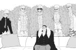  6+boys :q abs ascot bara blonde_hair bulge clone coat coat_on_shoulders couch crocodile_(one_piece) dark-skinned_male dark_skin donquixote_doflamingo feet_out_of_frame fur_coat goggles goggles_on_head greyscale hair_slicked_back large_pectorals looking_at_another looking_down male_focus mature_male medium_hair meme mg_cls monochrome multiple_boys muscular muscular_male navel navel_hair necktie nipples official_alternate_costume on_couch one_piece open_clothes open_shirt pants parody partially_unbuttoned pectoral_cleavage pectorals pillow piper_perri_surrounded_(meme) scar scar_on_face scar_on_nose seductive_smile sideburns sitting smile smirk stitches stomach sunglasses thick_thighs thighs time_paradox tinted_eyewear tongue tongue_out topless_male white-framed_eyewear yaoi 