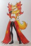  anthro black_body black_fur breasts canid canine delphox female fur generation_6_pokemon hi_res ideltasarc333 inner_ear_fluff lilith_(nyxcha) looking_at_viewer mammal multicolored_body multicolored_fur nintendo nude pokemon pokemon_(species) red_body smile solo tail tuft white_body white_fur yellow_body 