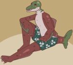  anthro brown_eyes claws clothing fin fish glistening glistening_body male marine salmon salmonid_(fish) sitting smile solo swimming_trunks swimwear varlus 