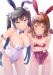  2girls absurdres adapted_costume animal_ears arms_under_breasts bare_shoulders black_hair blue_bow blue_bowtie blue_eyes bow bowtie breast_press breasts brown_eyes brown_hair character_request cleavage closed_mouth collarbone commentary covered_navel cowboy_shot detached_collar dungeon_ni_deai_wo_motomeru_no_wa_machigatteiru_darou_ka fake_animal_ears gradient_background hair_ornament hestia_(danmachi) highleg highleg_leotard highres large_breasts leotard long_hair looking_at_viewer lyrical_nanoha medium_hair multiple_girls playboy_bunny rabbit_ears red_bow red_bowtie red_leotard rei_no_himo small_breasts smile strapless strapless_leotard takumi_nosiro thigh_gap triangle_mouth twintails white_leotard 