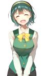  1girl absurdres black_skirt blush bow bowtie breasts closed_eyes cowboy_shot green_hair green_vest hairband highres idolmaster idolmaster_(classic) idolmaster_million_live! idolmaster_million_live!_theater_days large_breasts long_sleeves mole mole_under_mouth open_mouth otonashi_kotori pencil_skirt shiroyu shirt short_hair simple_background skirt smile solo standing vest white_background white_shirt yellow_bow yellow_bowtie yellow_hairband 
