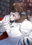  1boy 1other animal_ears arknights arm_around_neck bara blush couch facial_hair feet_out_of_frame formal furry furry_male furry_with_non-furry goatee hand_on_another&#039;s_head headpat hug hug_from_behind interspecies large_pectorals male_focus mountain_(arknights) mountain_(book_reader)_(arknights) muscular muscular_male on_couch pectorals scar scar_across_eye scar_on_arm short_hair smile suit thick_eyebrows tiger_boy tiger_ears white_hair youmoxto 