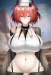  1girl arknights bandana bandeau breasts faihara fiammetta_(arknights) groin highres huge_breasts looking_at_viewer midriff navel official_alternate_costume outdoors panties pointy_hair red_eyes red_hair short_hair single_bare_shoulder solo stomach strapless suspenders tube_top underwear upper_body wavy_mouth white_headwear white_panties 