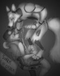  2014 animatronic anthro canid canine digital_media_(artwork) duo english_text five_nights_at_freddy&#039;s fox foxy_(fnaf) genitals hi_res human interspecies machine male male/male mammal mike_schmidt monochrome penis robot sayuncle scottgames text 