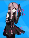  ++_(9oafxjjhuktkdef) 1girl black_dress black_gloves black_ribbon black_thighhighs blue_background blunt_bangs bright_pupils collared_dress commentary cowboy_shot dress elbow_gloves flower_knot gloves hair_ribbon hand_on_own_chest hand_up holographic_interface kotonoha_akane looking_at_viewer low_tied_sidelocks musical_note musical_note_print pink_hair pink_ribbon pixel_art red_eyes ribbon short_dress sidelocks sideways_glance sleeveless sleeveless_dress solo square_pupils standing synthesizer_v thighhighs voiceroid white_pupils 