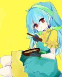  1girl 76gpo :t aqua_apron aqua_headwear black_gloves blue_hair closed_mouth commentary dress eating food gloves haniyasushin_keiki head_scarf highres holding holding_food long_hair looking_at_viewer red_eyes short_sleeves simple_background solo touhou yellow_background yellow_dress 