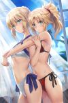 2girls ahoge artoria_pendragon_(fate) bare_shoulders bikini blonde_hair blue_ribbon blue_sky blush braid breasts choker closed_mouth commentary_request criss-cross_halter expressionless fate/apocrypha fate/grand_order fate/stay_night fate_(series) french_braid green_eyes hair_bun hair_ribbon halterneck highres long_hair looking_at_viewer mordred_(fate) mordred_(fate/apocrypha) mother_and_daughter multiple_girls navel parted_bangs ponytail ribbon saber side-tie_bikini_bottom sidelocks sky small_breasts swimsuit tonee 