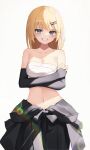  1girl alternate_costume bare_shoulders blonde_hair blue_eyes blush bob_cut breasts cleavage collarbone grin hair_ornament hairclip highres hololive large_breasts medium_hair navel sarashi simple_background smile solo standing sunlight thomas_8000 virtual_youtuber watson_amelia white_background 