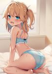  1girl ass barefoot bed bedroom blonde_hair blue_bra blue_eyes blue_panties blush bra feet from_behind highres indoors kazumasa long_hair looking_at_viewer looking_back open_mouth original panties pillow sitting smile soles solo sweat thighs two_side_up underwear underwear_only window 
