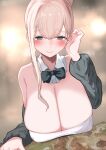  1girl bare_shoulders black_bow black_bowtie black_jacket blonde_hair blurry blurry_background blush bow bowtie breasts cleavage closed_mouth commentary_request detached_sleeves dress green_eyes hair_between_eyes hair_bun highres huge_breasts jacket long_sleeves looking_at_viewer mature_female original sagging_breasts single_sidelock skindentation smile solo table white_dress yuzuki_himuka 