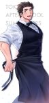  1boy :d alternate_costume apron bara black_apron black_bow black_bowtie bow bowtie collarbone doku_(hitori_ox) feet_out_of_frame highres large_pectorals long_sideburns looking_at_viewer male_focus muscular muscular_male pectorals protagonist_3_(housamo) short_hair sideburns smile solo thick_eyebrows tokyo_afterschool_summoners tying_apron veins veiny_arms waiter 