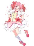  1girl :d bow bright_pupils choker commentary full_body gloves hair_bow ixy kaname_madoka looking_at_viewer magical_girl mahou_shoujo_madoka_magica mahou_shoujo_madoka_magica_(anime) pink_eyes pink_hair red_bow red_choker red_footwear shoes short_hair skirt smile socks solo twintails white_gloves white_pupils white_skirt white_socks 