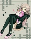  1girl artist_name azureao backpack bag blush bow brown_eyes brown_skirt danganronpa_(series) danganronpa_2:_goodbye_despair ear_bow eyelashes flipped_hair glitch green_jacket green_thighhighs hair_ornament highres holding hug jacket knees_up long_sleeves medium_hair monomi_(danganronpa) nanami_chiaki orange_bow pink_bag pink_footwear pleated_skirt shoes short_hair skirt solo spaceship_hair_ornament thighhighs 